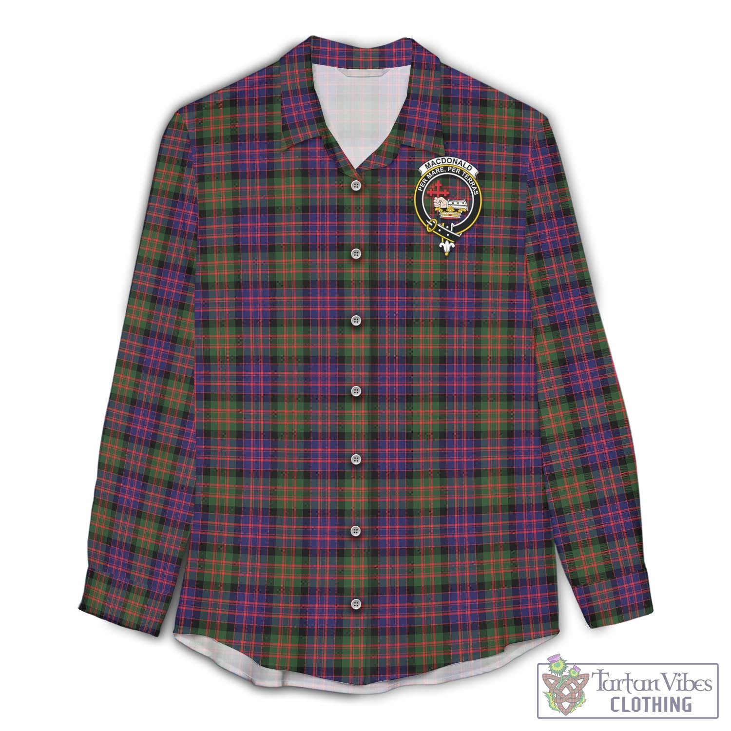 Tartan Vibes Clothing MacDonald Modern Tartan Womens Casual Shirt with Family Crest