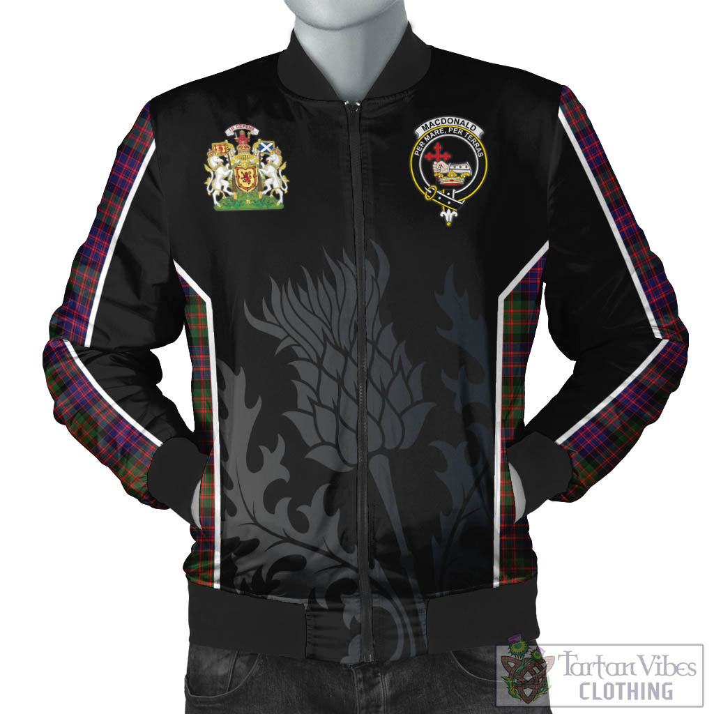 Tartan Vibes Clothing MacDonald Modern Tartan Bomber Jacket with Family Crest and Scottish Thistle Vibes Sport Style