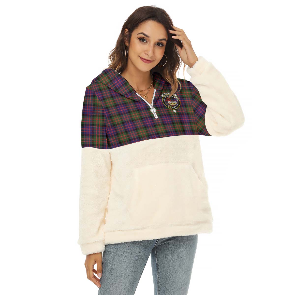 MacDonald Modern Tartan Women's Borg Fleece Hoodie With Half Zip with Family Crest Female - Tartan Vibes Clothing