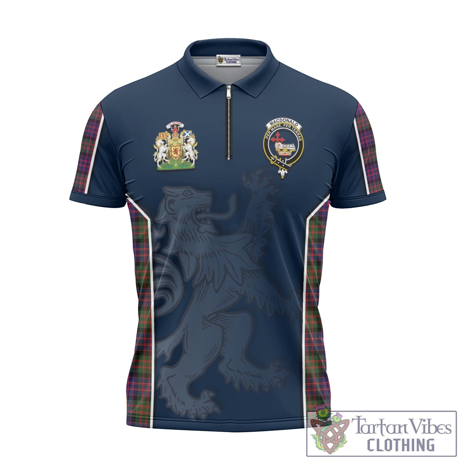 Tartan Vibes Clothing MacDonald Modern Tartan Zipper Polo Shirt with Family Crest and Lion Rampant Vibes Sport Style