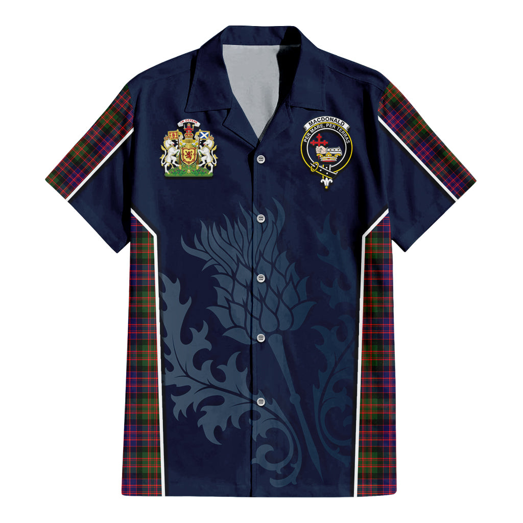 Tartan Vibes Clothing MacDonald Modern Tartan Short Sleeve Button Up Shirt with Family Crest and Scottish Thistle Vibes Sport Style