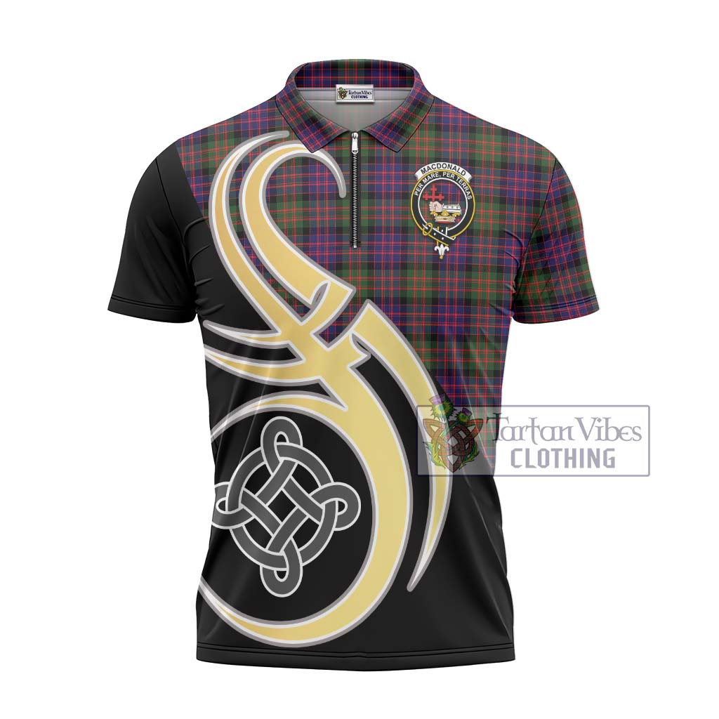 Tartan Vibes Clothing MacDonald Modern Tartan Zipper Polo Shirt with Family Crest and Celtic Symbol Style