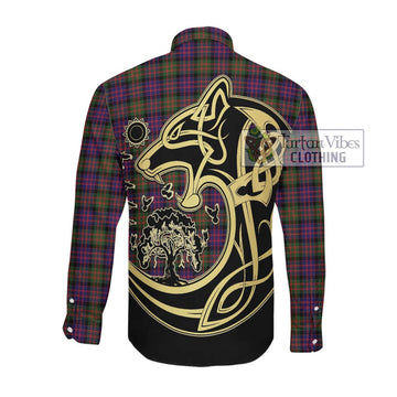 MacDonald Modern Tartan Long Sleeve Button Shirt with Family Crest Celtic Wolf Style