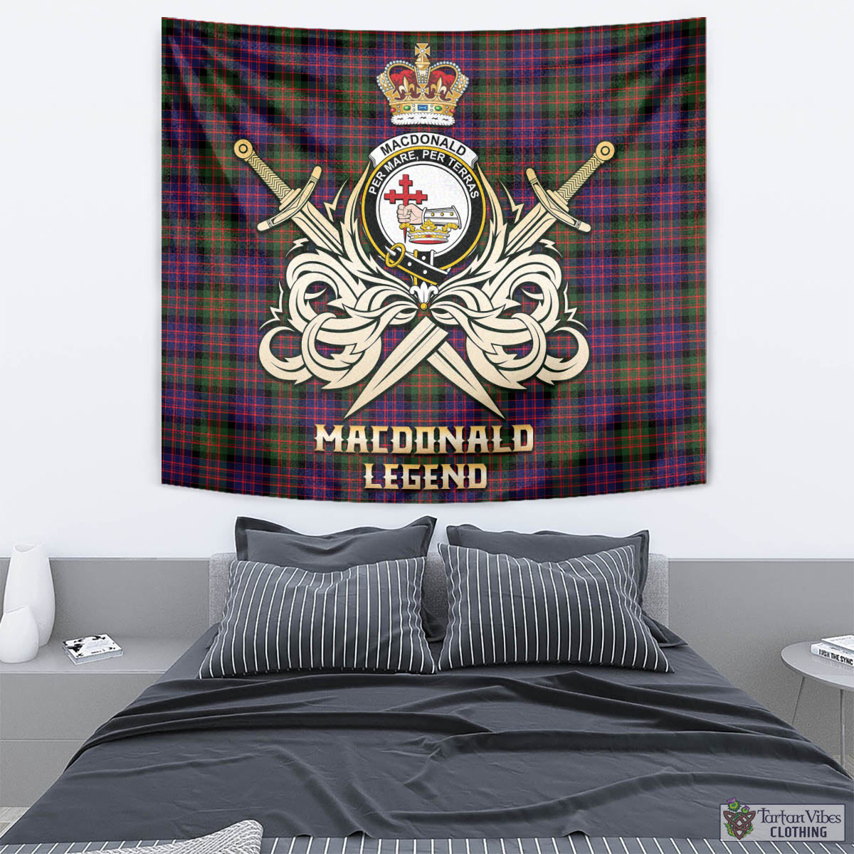 Tartan Vibes Clothing MacDonald Modern Tartan Tapestry with Clan Crest and the Golden Sword of Courageous Legacy