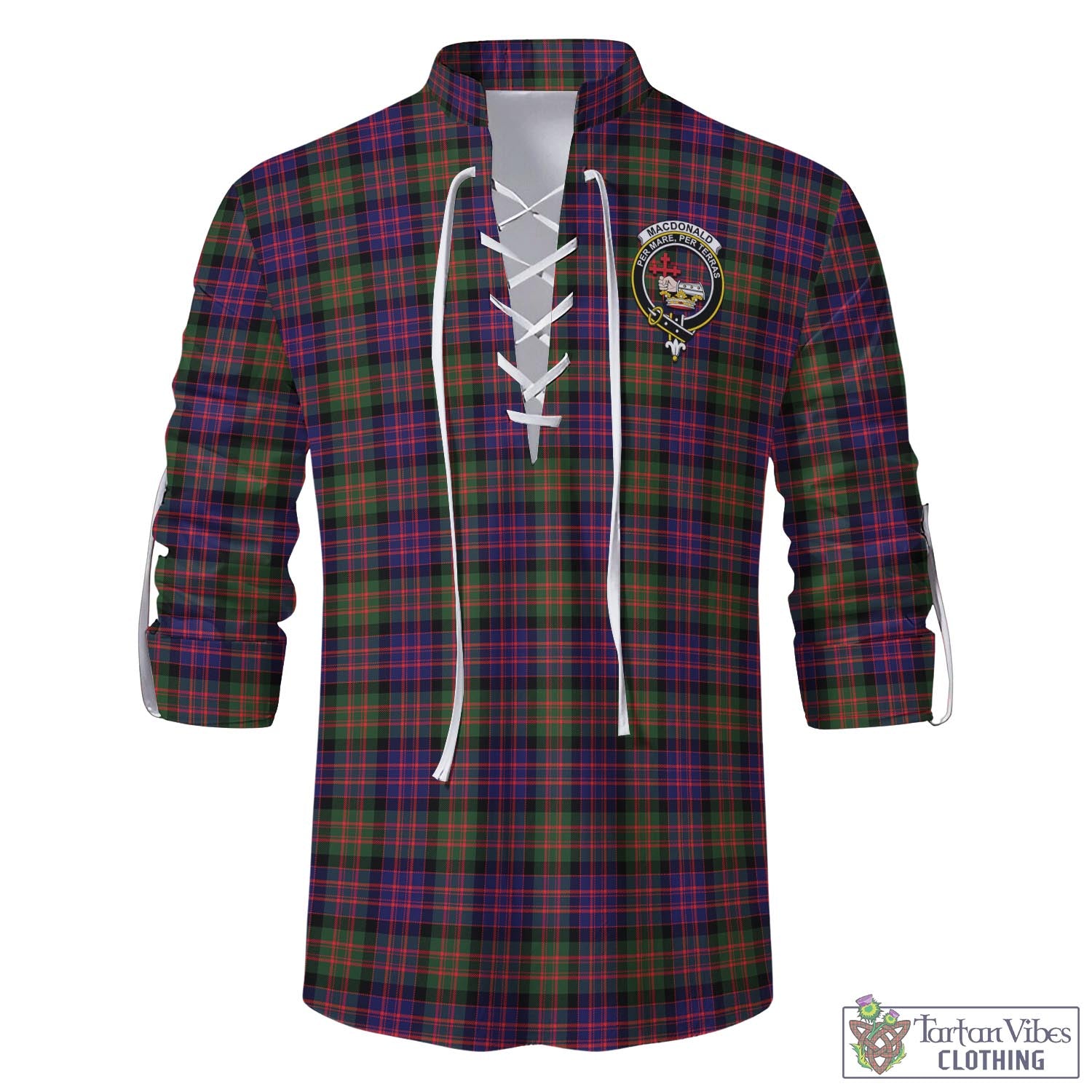 Tartan Vibes Clothing MacDonald Modern Tartan Men's Scottish Traditional Jacobite Ghillie Kilt Shirt with Family Crest