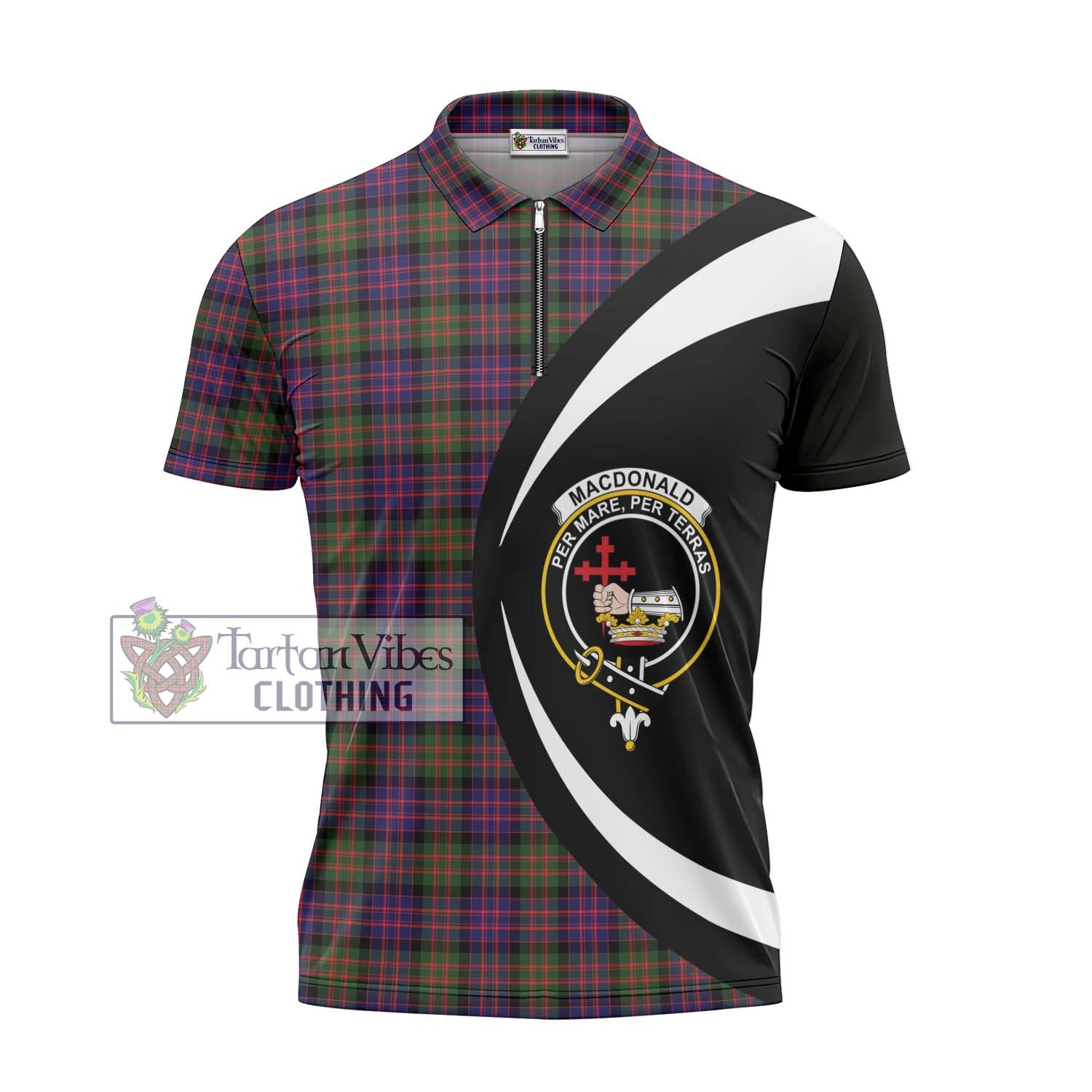 Tartan Vibes Clothing MacDonald Modern Tartan Zipper Polo Shirt with Family Crest Circle Style