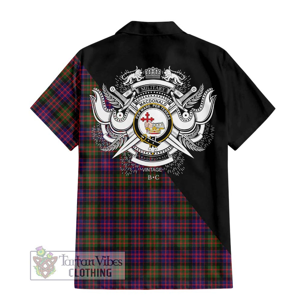 MacDonald Modern Tartan Short Sleeve Button Shirt with Family Crest and Military Logo Style - Tartanvibesclothing Shop