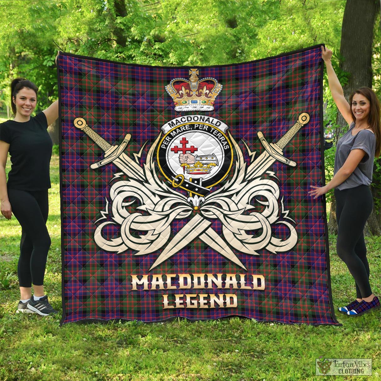 Tartan Vibes Clothing MacDonald Modern Tartan Quilt with Clan Crest and the Golden Sword of Courageous Legacy