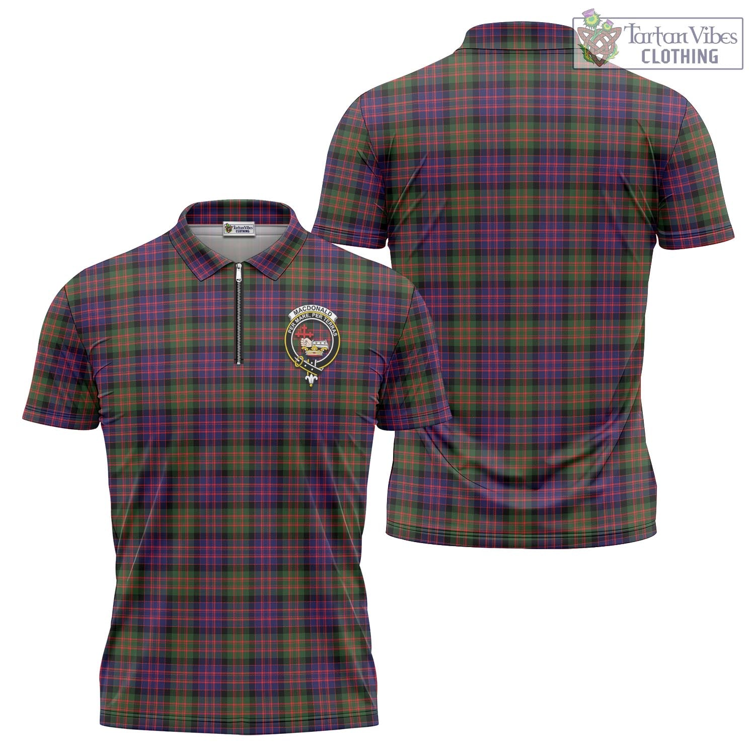 Tartan Vibes Clothing MacDonald Modern Tartan Zipper Polo Shirt with Family Crest