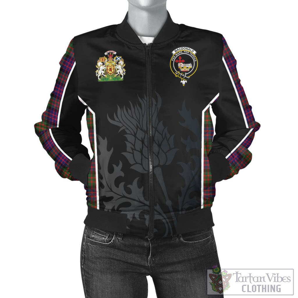 Tartan Vibes Clothing MacDonald Modern Tartan Bomber Jacket with Family Crest and Scottish Thistle Vibes Sport Style