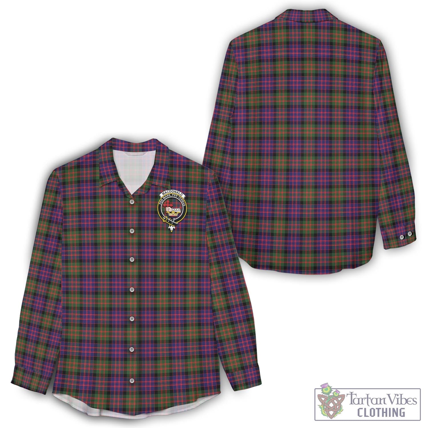 Tartan Vibes Clothing MacDonald Modern Tartan Womens Casual Shirt with Family Crest