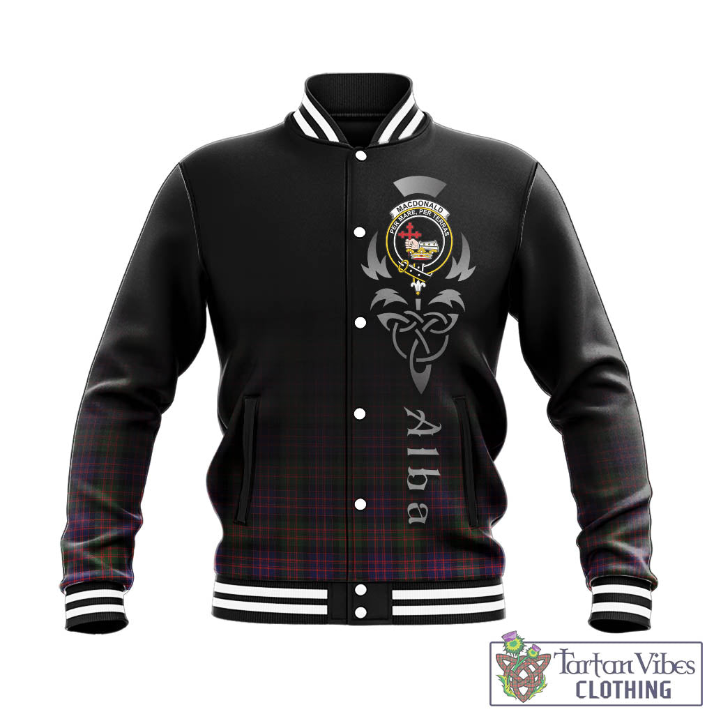 Tartan Vibes Clothing MacDonald Modern Tartan Baseball Jacket Featuring Alba Gu Brath Family Crest Celtic Inspired