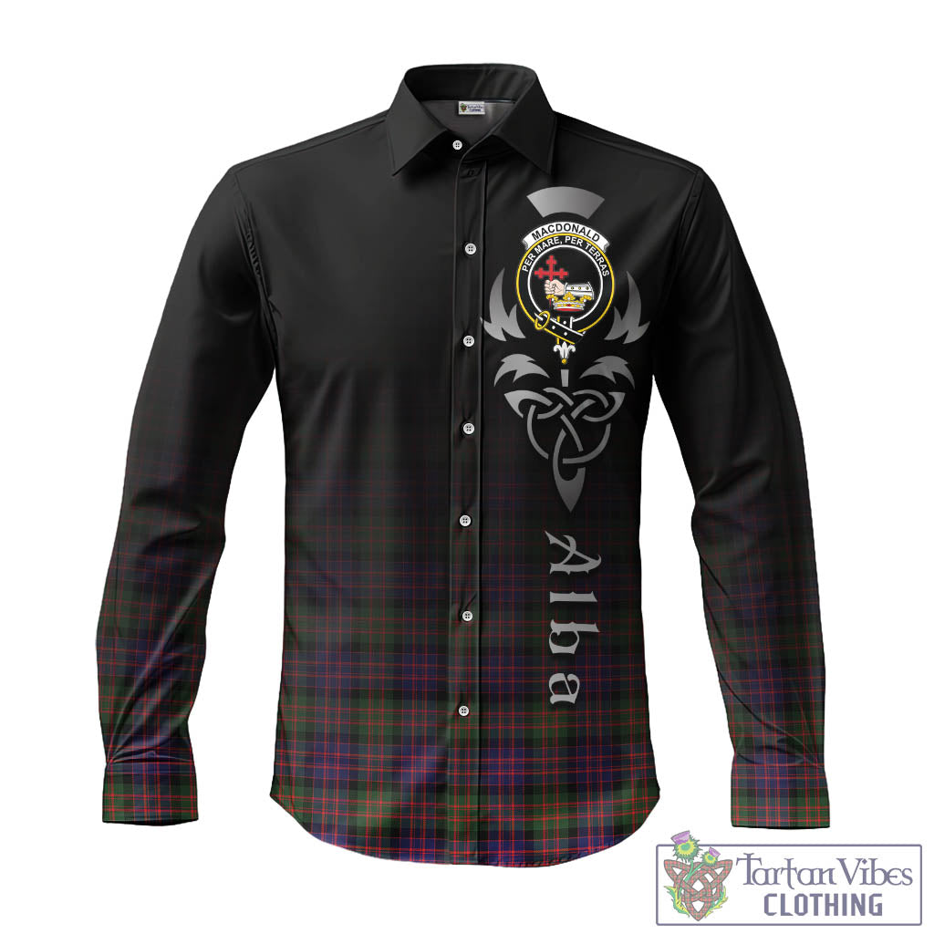 Tartan Vibes Clothing MacDonald Modern Tartan Long Sleeve Button Up Featuring Alba Gu Brath Family Crest Celtic Inspired