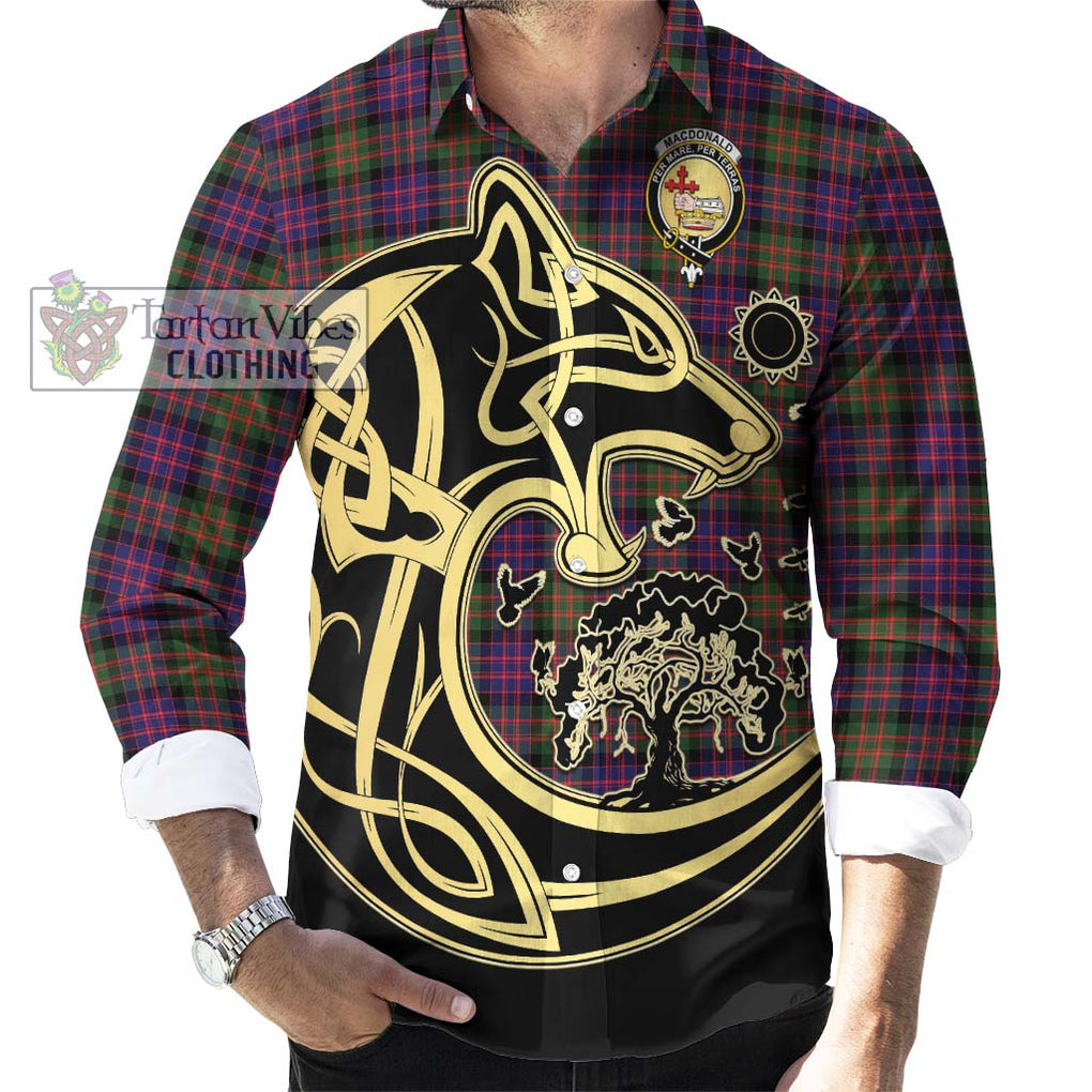 MacDonald Modern Tartan Long Sleeve Button Shirt with Family Crest Celtic Wolf Style - Tartan Vibes Clothing