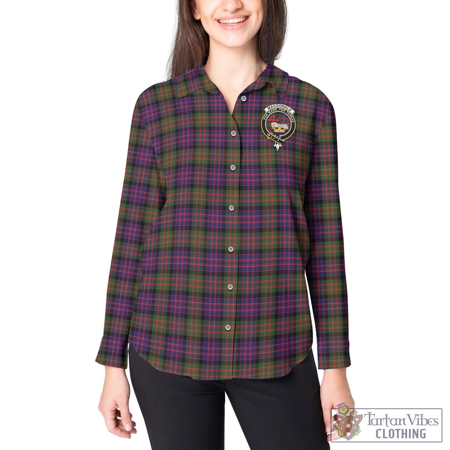 Tartan Vibes Clothing MacDonald Modern Tartan Womens Casual Shirt with Family Crest