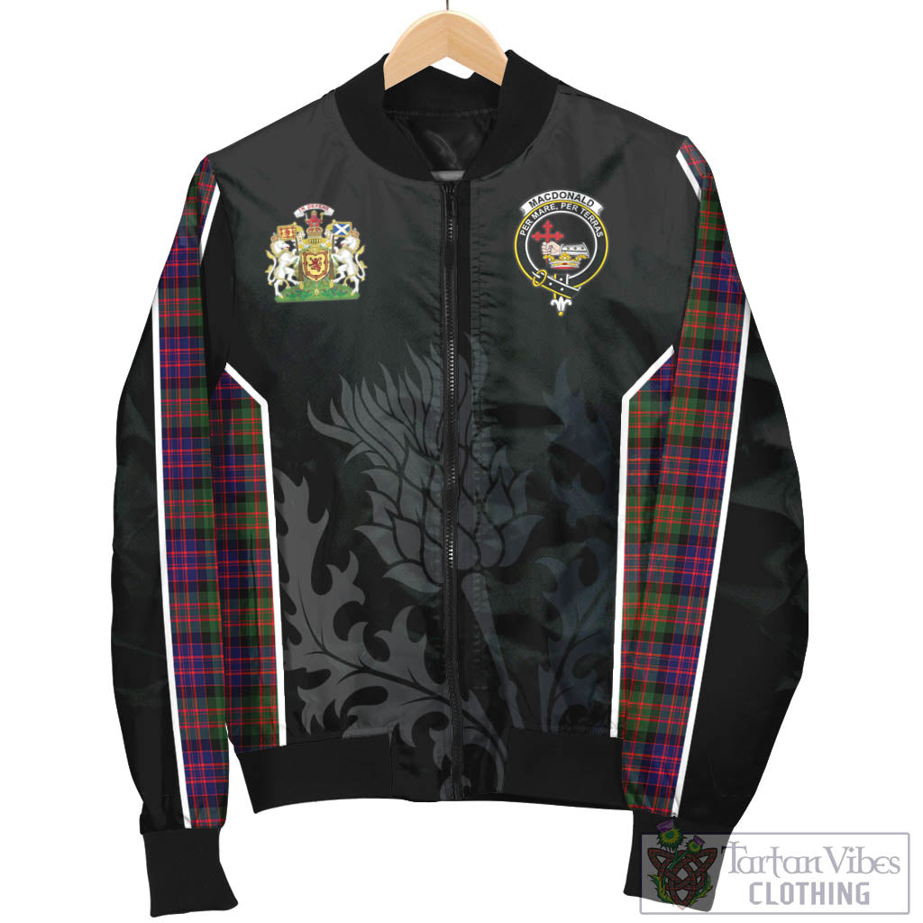 Tartan Vibes Clothing MacDonald Modern Tartan Bomber Jacket with Family Crest and Scottish Thistle Vibes Sport Style