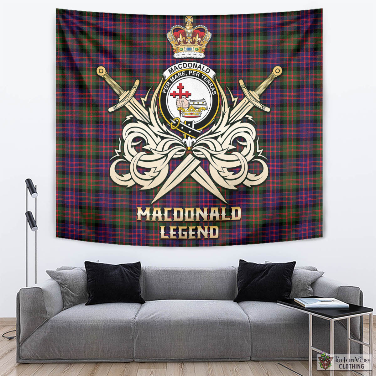 Tartan Vibes Clothing MacDonald Modern Tartan Tapestry with Clan Crest and the Golden Sword of Courageous Legacy