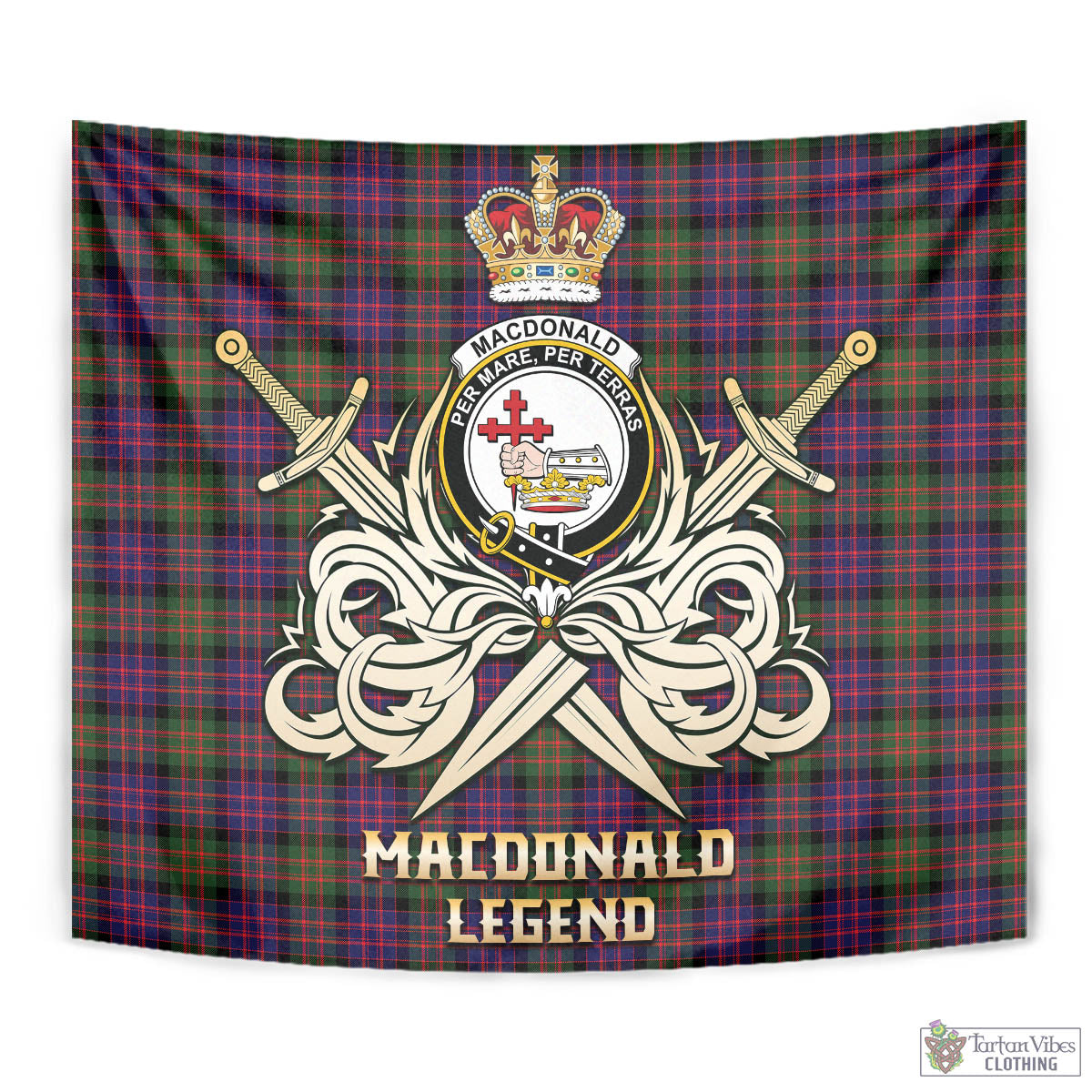 Tartan Vibes Clothing MacDonald Modern Tartan Tapestry with Clan Crest and the Golden Sword of Courageous Legacy