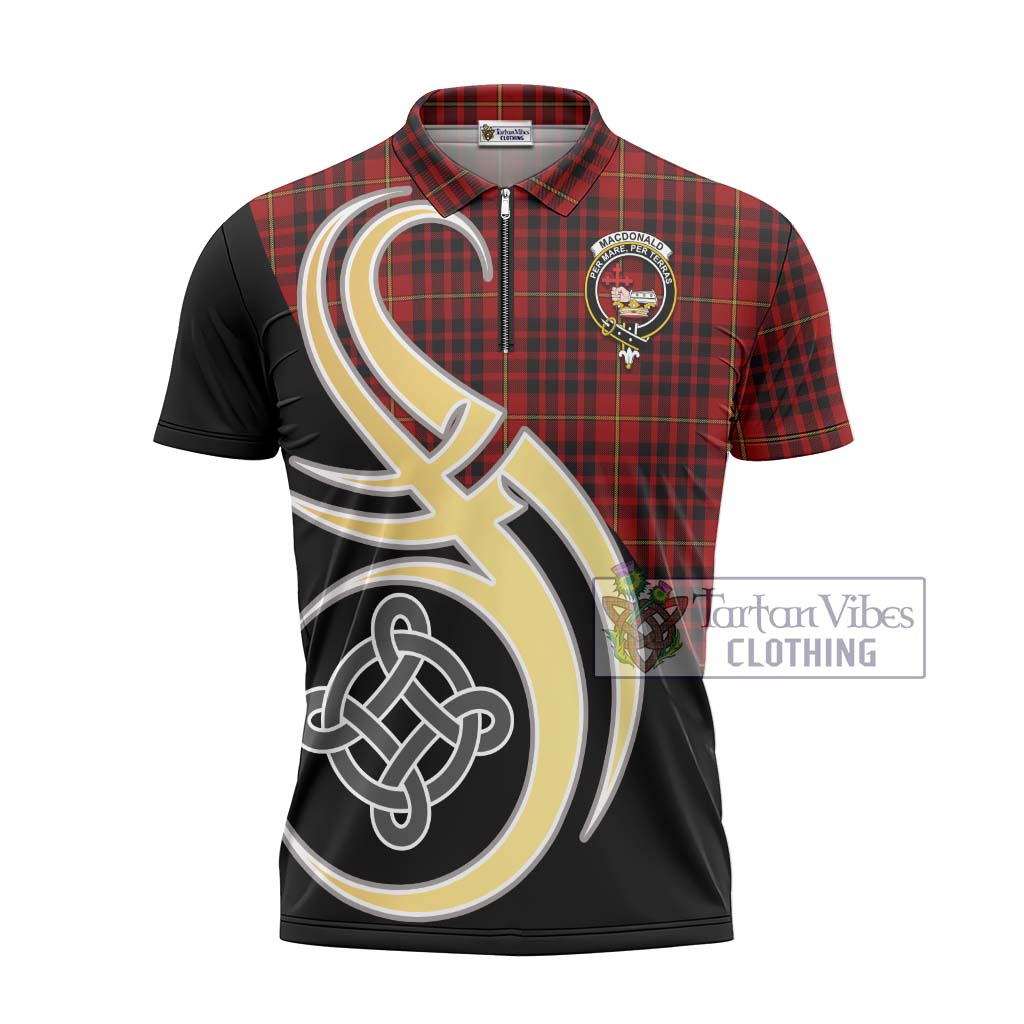 Tartan Vibes Clothing MacDonald of Ardnamurchan Tartan Zipper Polo Shirt with Family Crest and Celtic Symbol Style