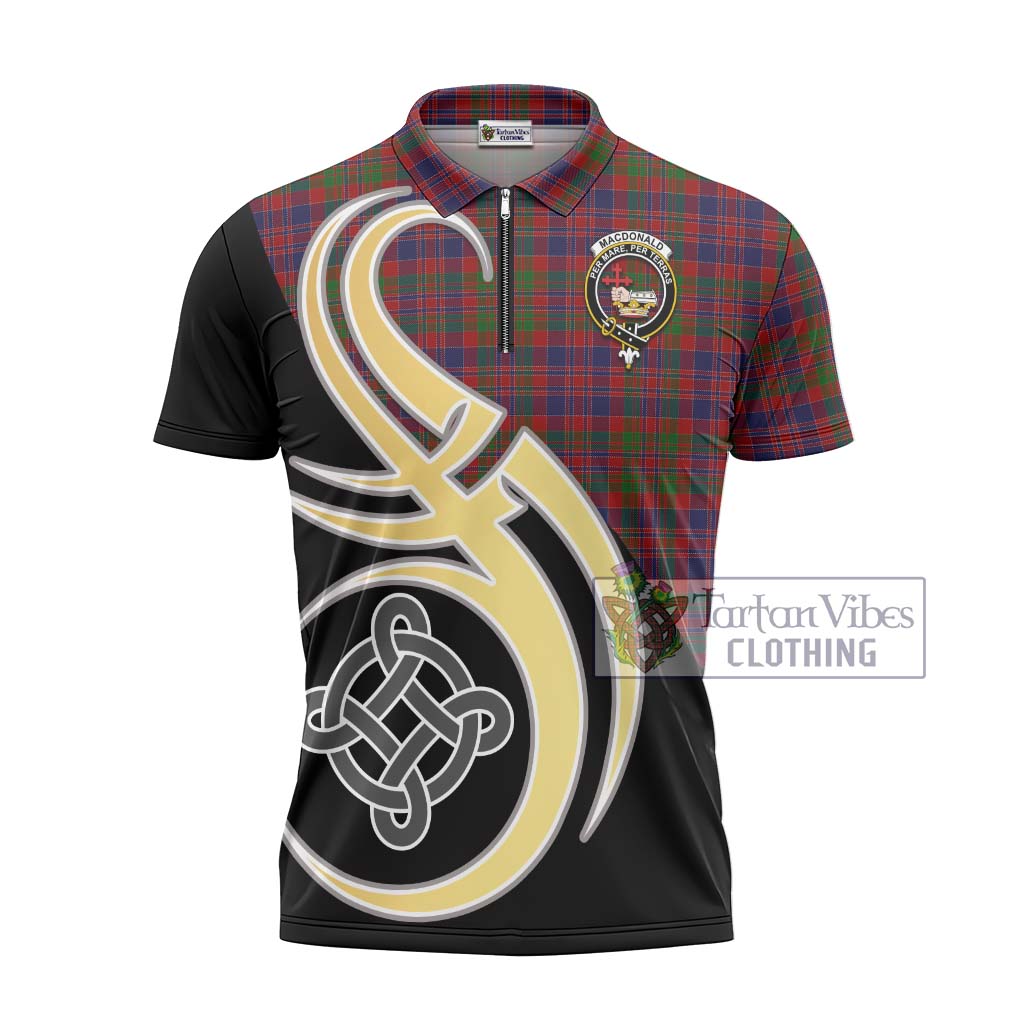 Tartan Vibes Clothing MacDonald of Boisdale Tartan Zipper Polo Shirt with Family Crest and Celtic Symbol Style