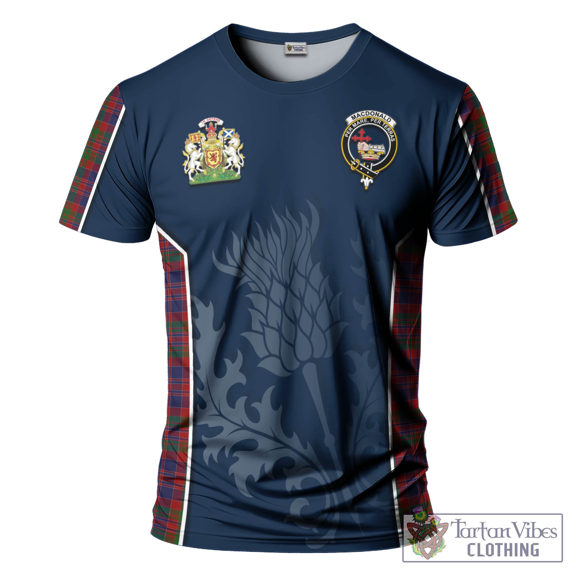 Tartan Vibes Clothing MacDonald of Boisdale Tartan T-Shirt with Family Crest and Scottish Thistle Vibes Sport Style