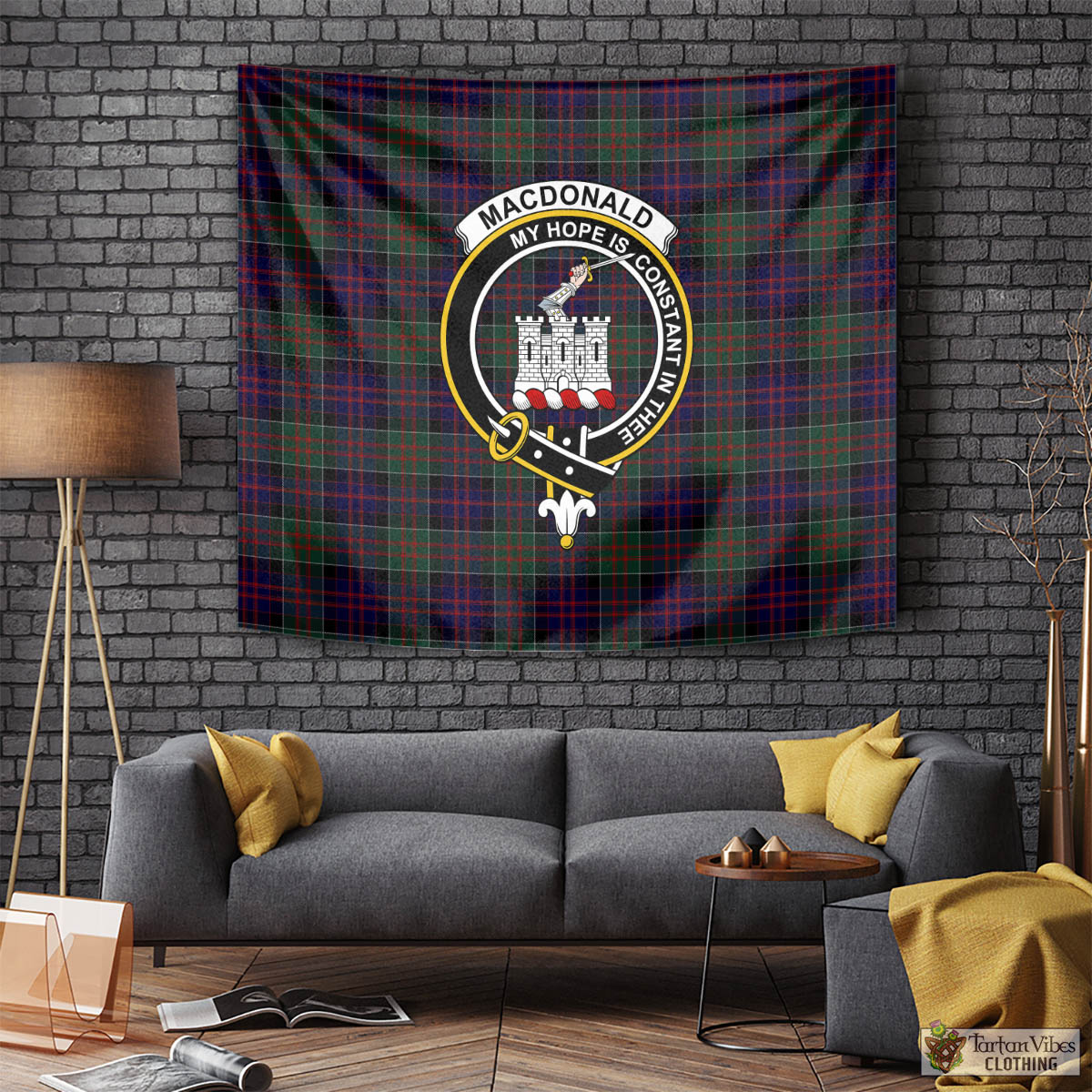 Tartan Vibes Clothing MacDonald of Clan Ranald Tartan Tapestry Wall Hanging and Home Decor for Room with Family Crest