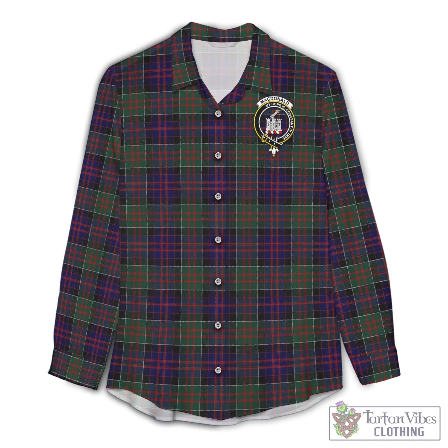 Tartan Vibes Clothing MacDonald of Clan Ranald Tartan Womens Casual Shirt with Family Crest