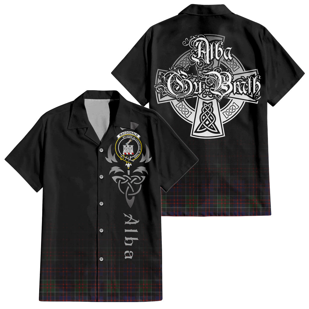 Tartan Vibes Clothing MacDonald of Clan Ranald Tartan Short Sleeve Button Up Featuring Alba Gu Brath Family Crest Celtic Inspired