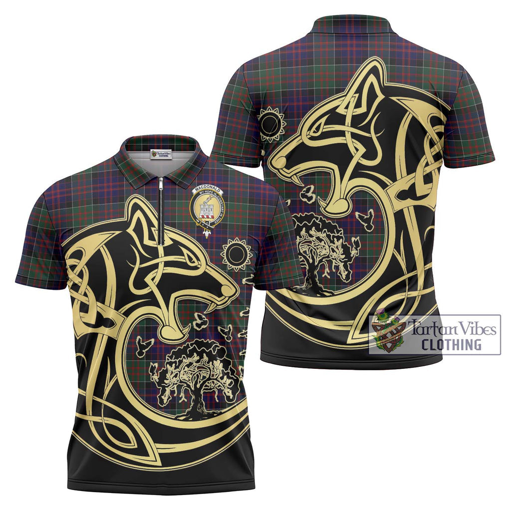 MacDonald (McDonald) of Clanranald Tartan Zipper Polo Shirt with Family Crest Celtic Wolf Style Unisex - Tartanvibesclothing Shop