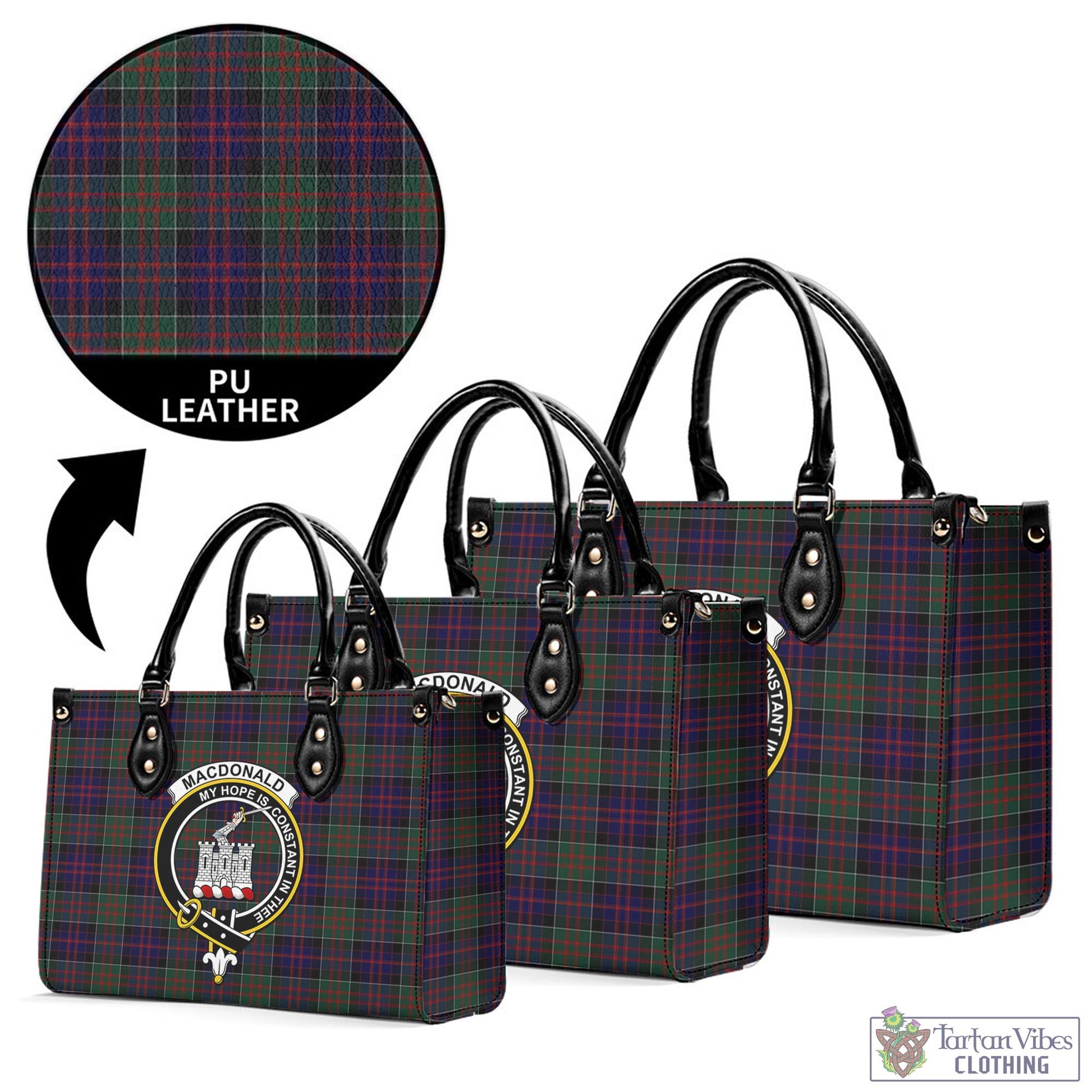 Tartan Vibes Clothing MacDonald of Clan Ranald Tartan Luxury Leather Handbags with Family Crest