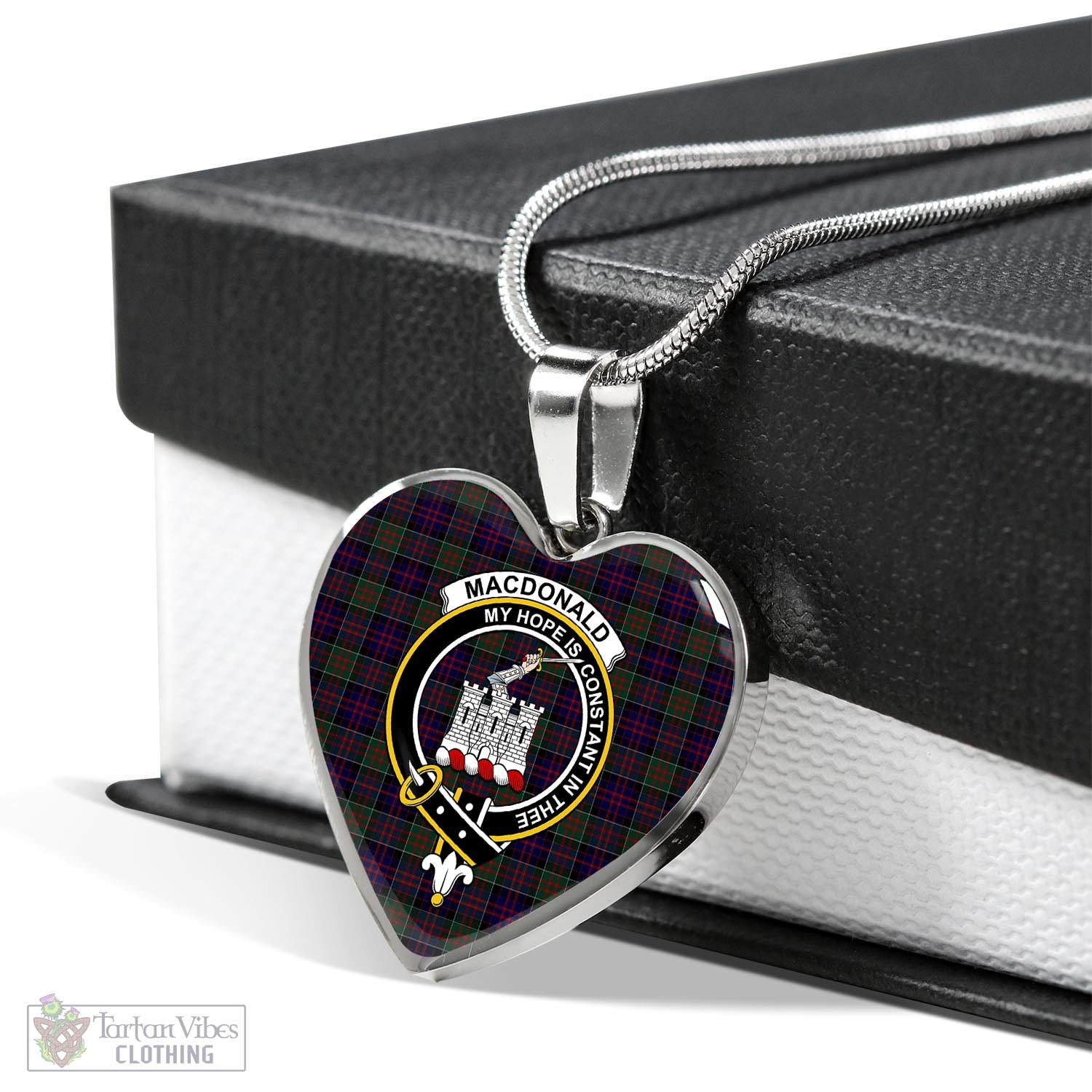 Tartan Vibes Clothing MacDonald of Clan Ranald Tartan Heart Necklace with Family Crest