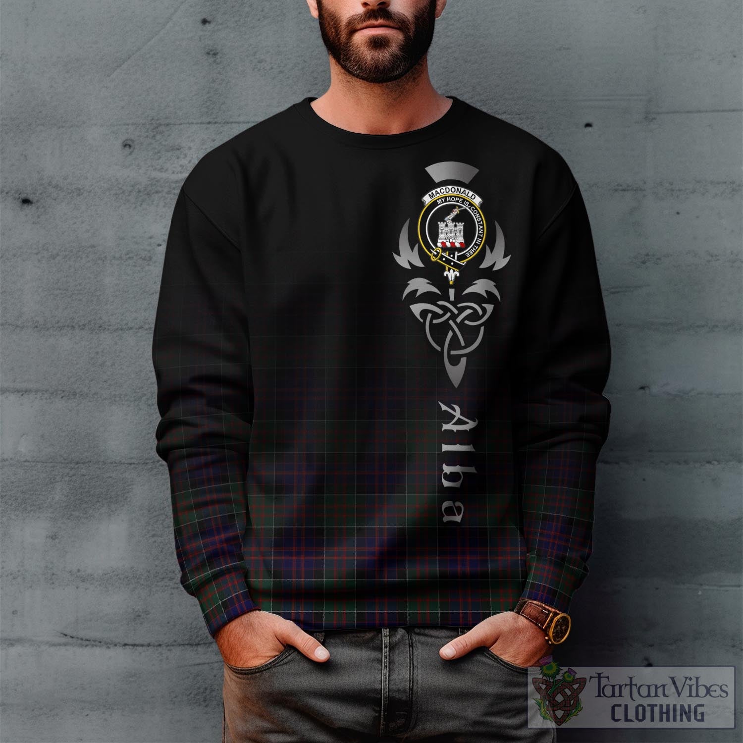 Tartan Vibes Clothing MacDonald of Clan Ranald Tartan Sweatshirt Featuring Alba Gu Brath Family Crest Celtic Inspired