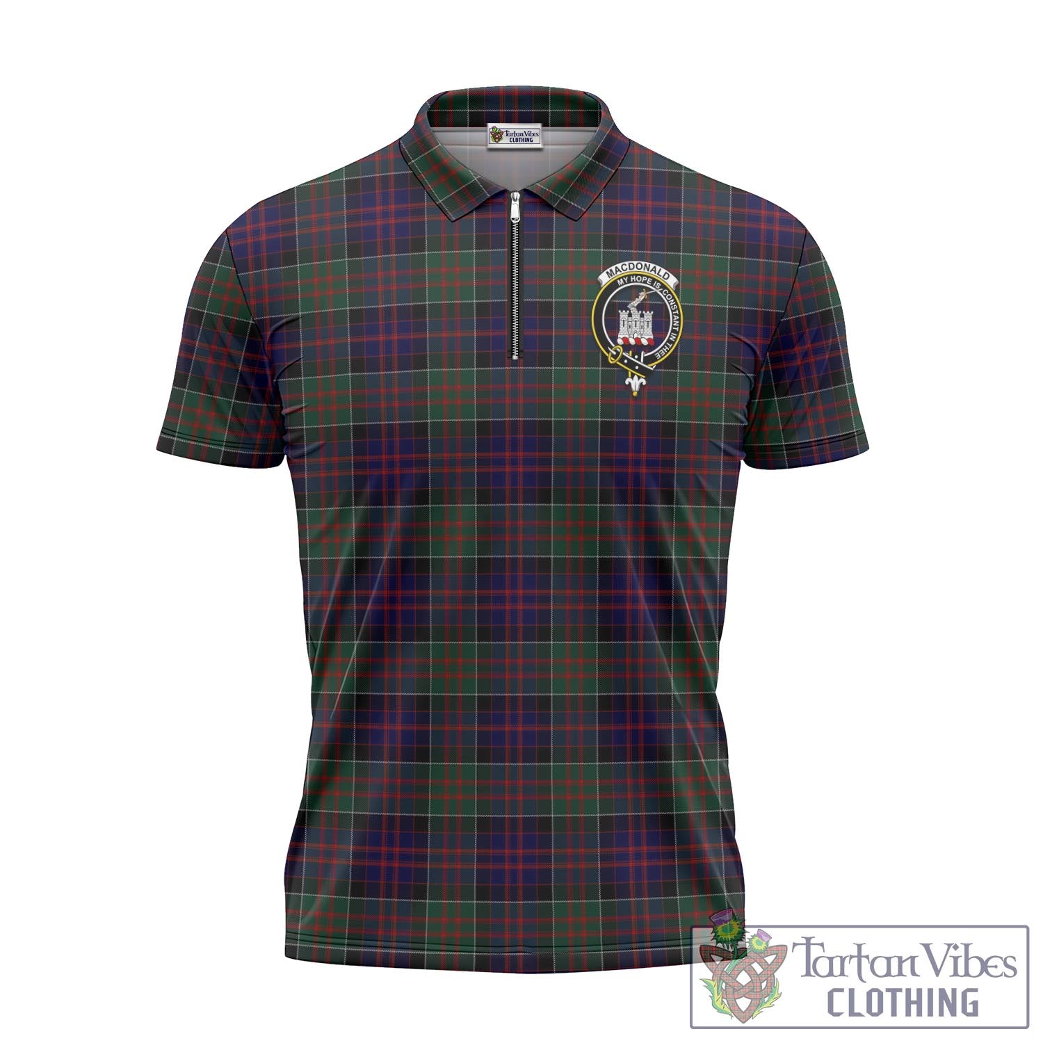 Tartan Vibes Clothing MacDonald of Clan Ranald Tartan Zipper Polo Shirt with Family Crest