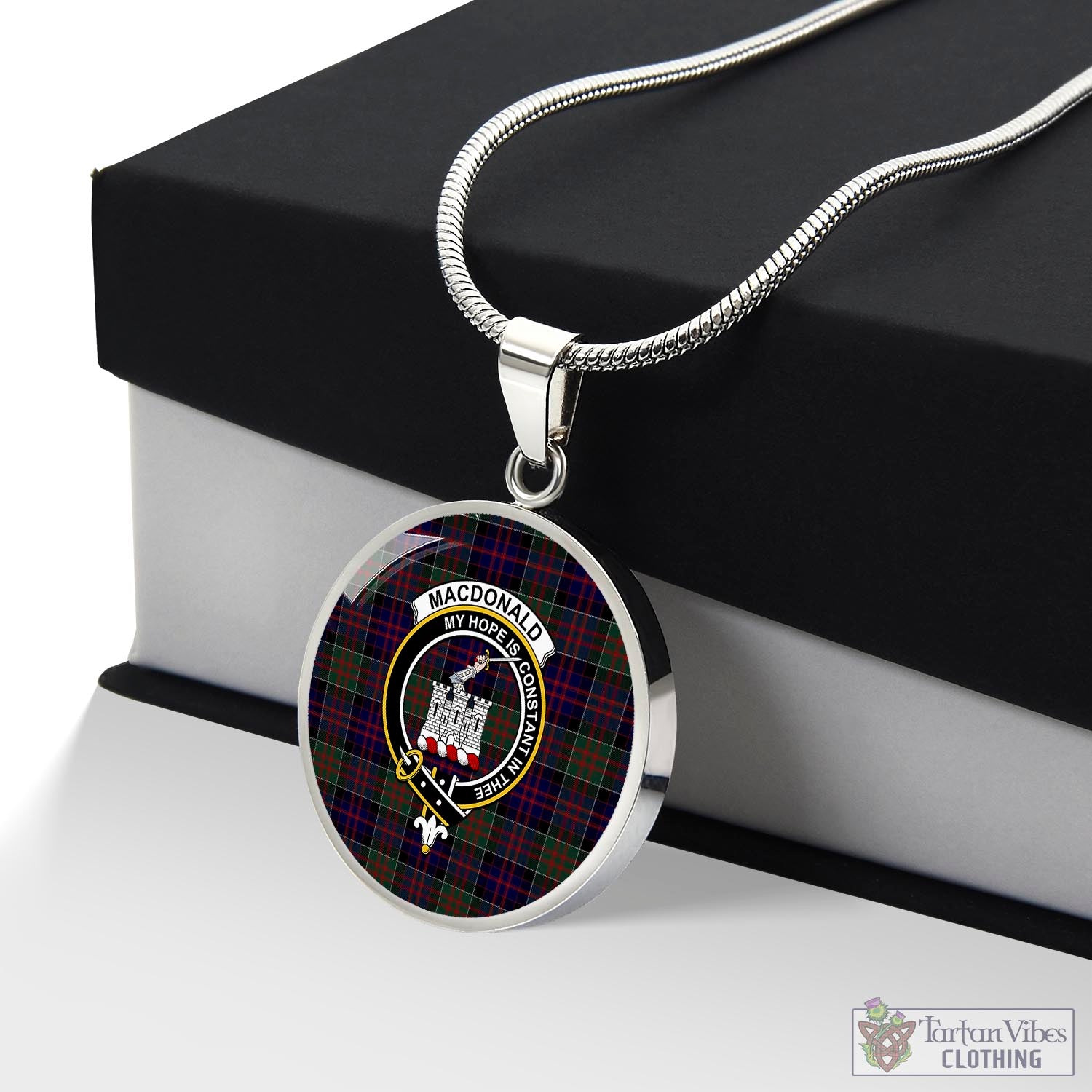 Tartan Vibes Clothing MacDonald of Clan Ranald Tartan Circle Necklace with Family Crest