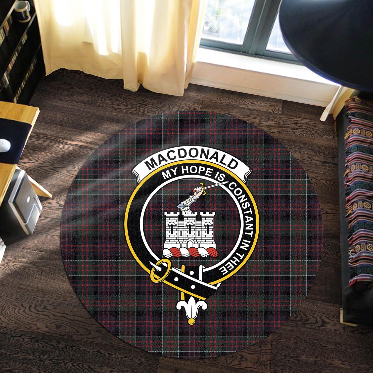 macdonald-of-clan-ranald-tartan-round-rug-with-family-crest