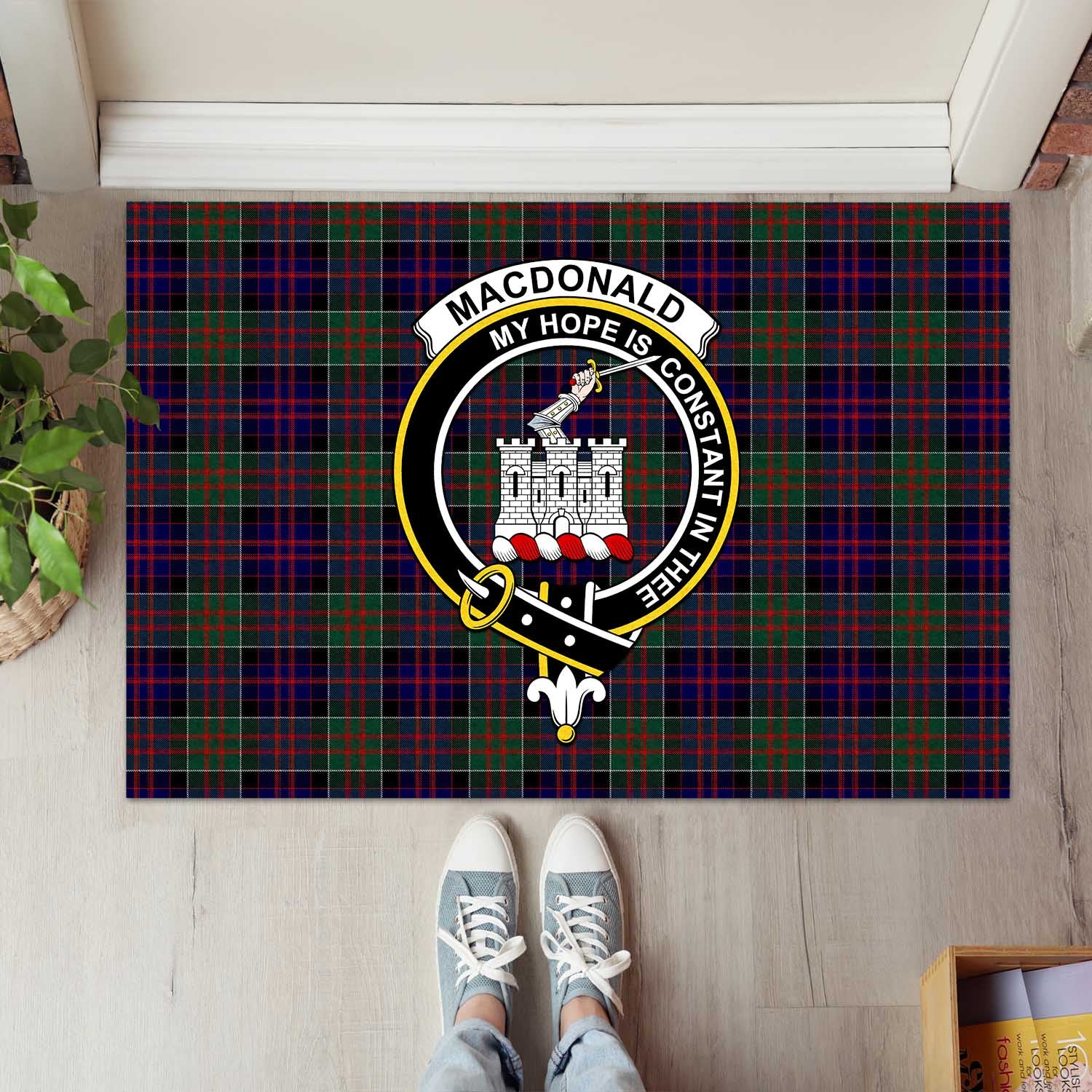 MacDonald of Clan Ranald Tartan Door Mat with Family Crest - Tartanvibesclothing