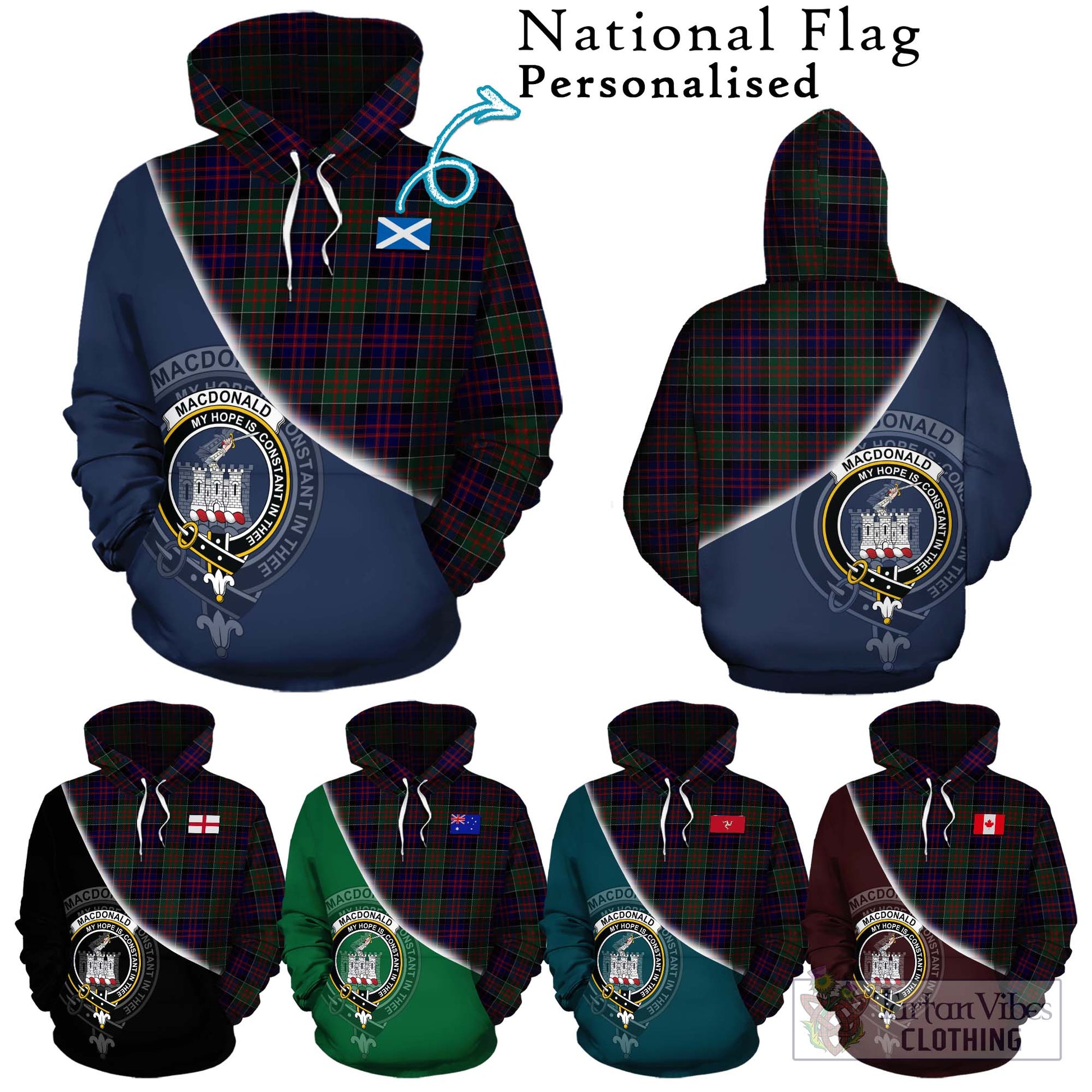 Tartan Vibes Clothing MacDonald of Clan Ranald Tartan Hoodie with Personalised National Flag and Family Crest Half Style