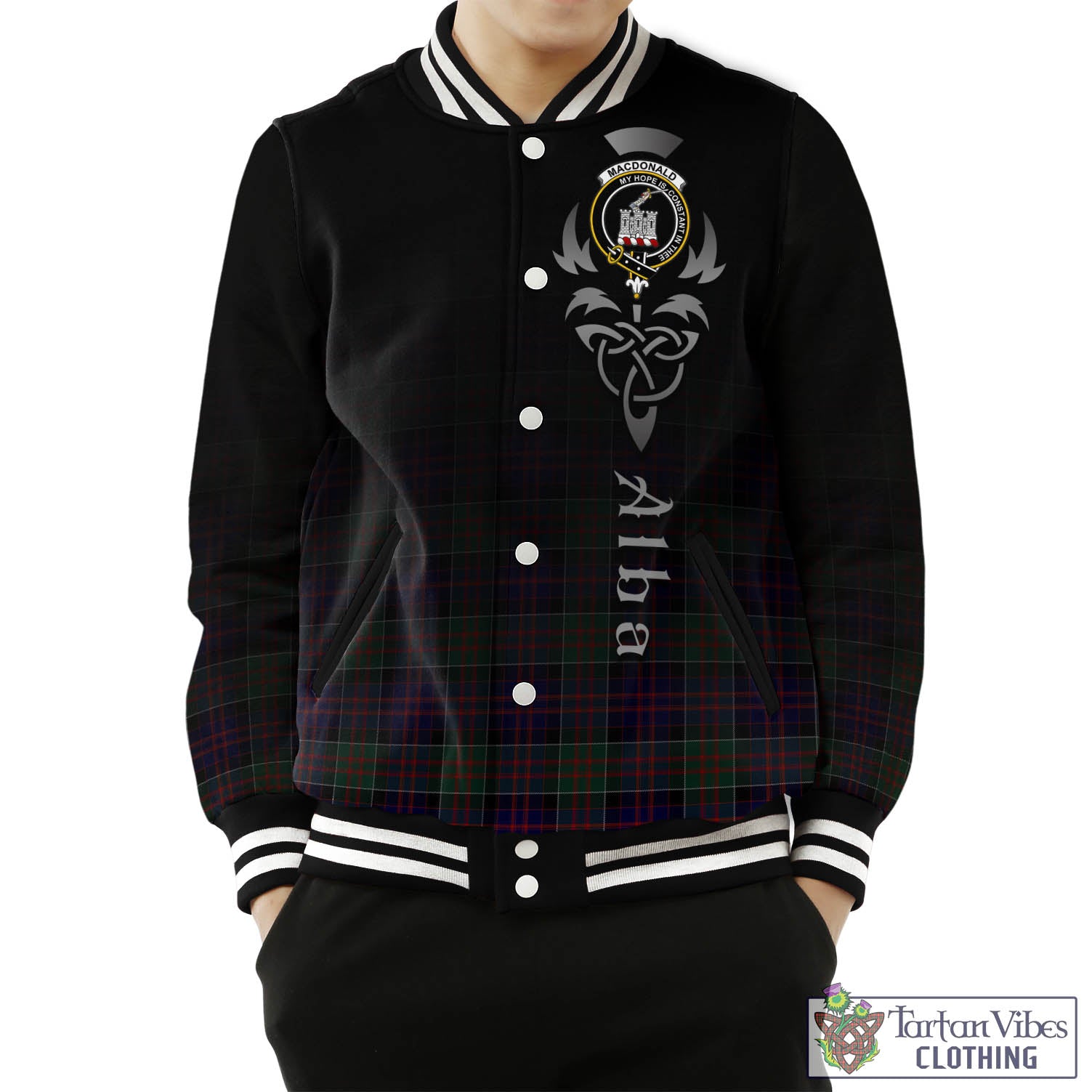 Tartan Vibes Clothing MacDonald of Clan Ranald Tartan Baseball Jacket Featuring Alba Gu Brath Family Crest Celtic Inspired