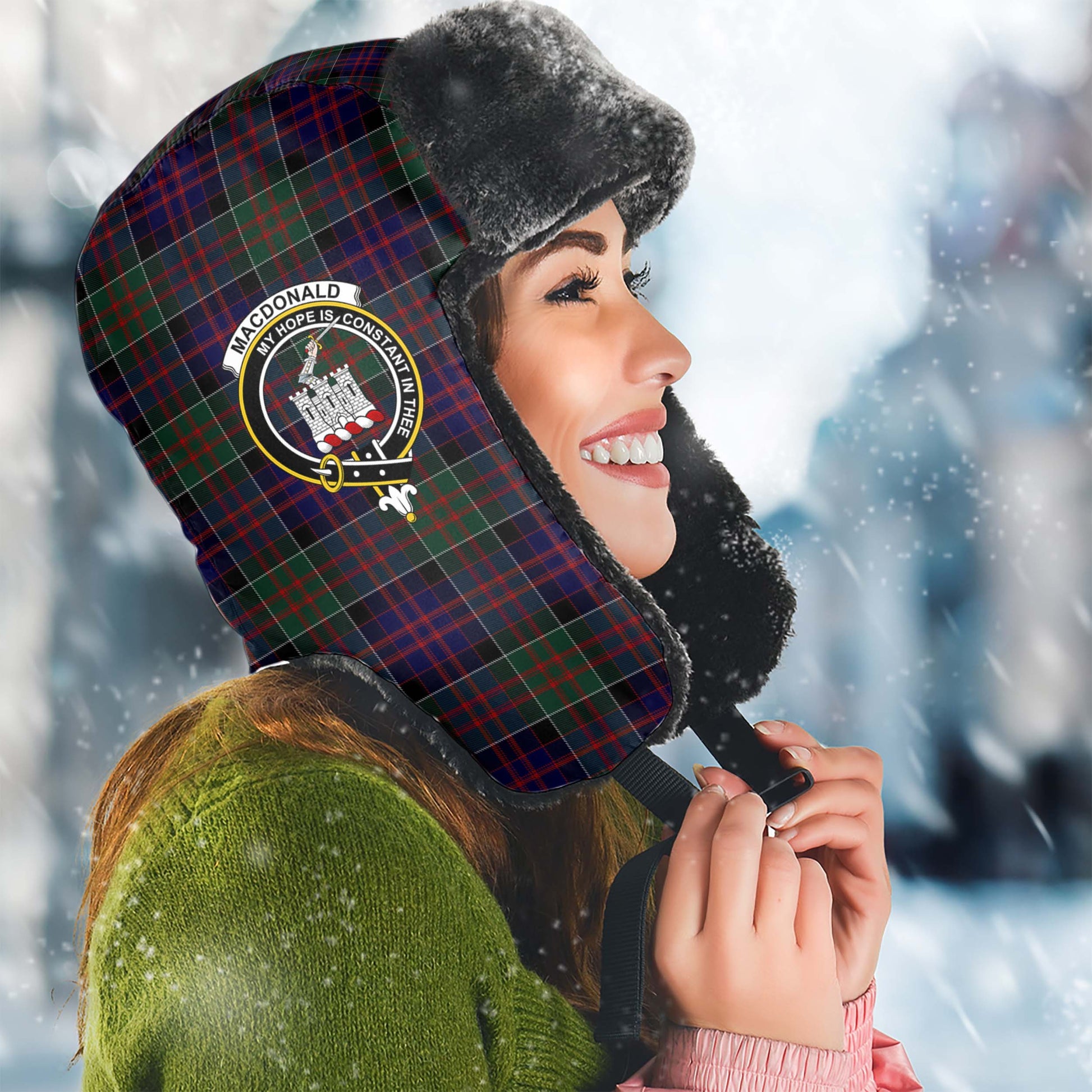 MacDonald of Clan Ranald Tartan Winter Trapper Hat with Family Crest Winter Trapper Hat Universal Fit Circumference 22.8in (58cm) - Tartanvibesclothing