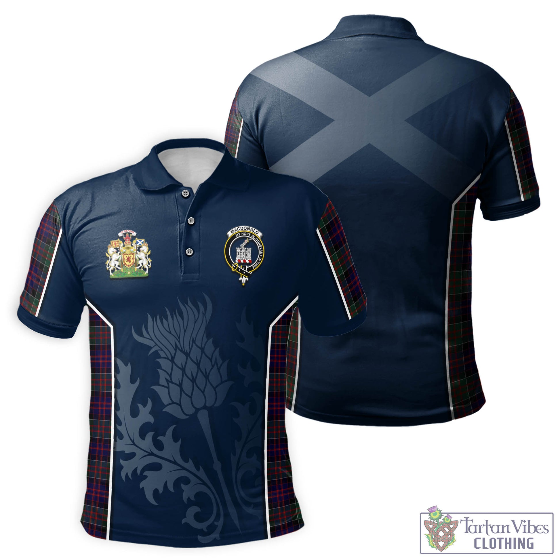 Tartan Vibes Clothing MacDonald of Clan Ranald Tartan Men's Polo Shirt with Family Crest and Scottish Thistle Vibes Sport Style