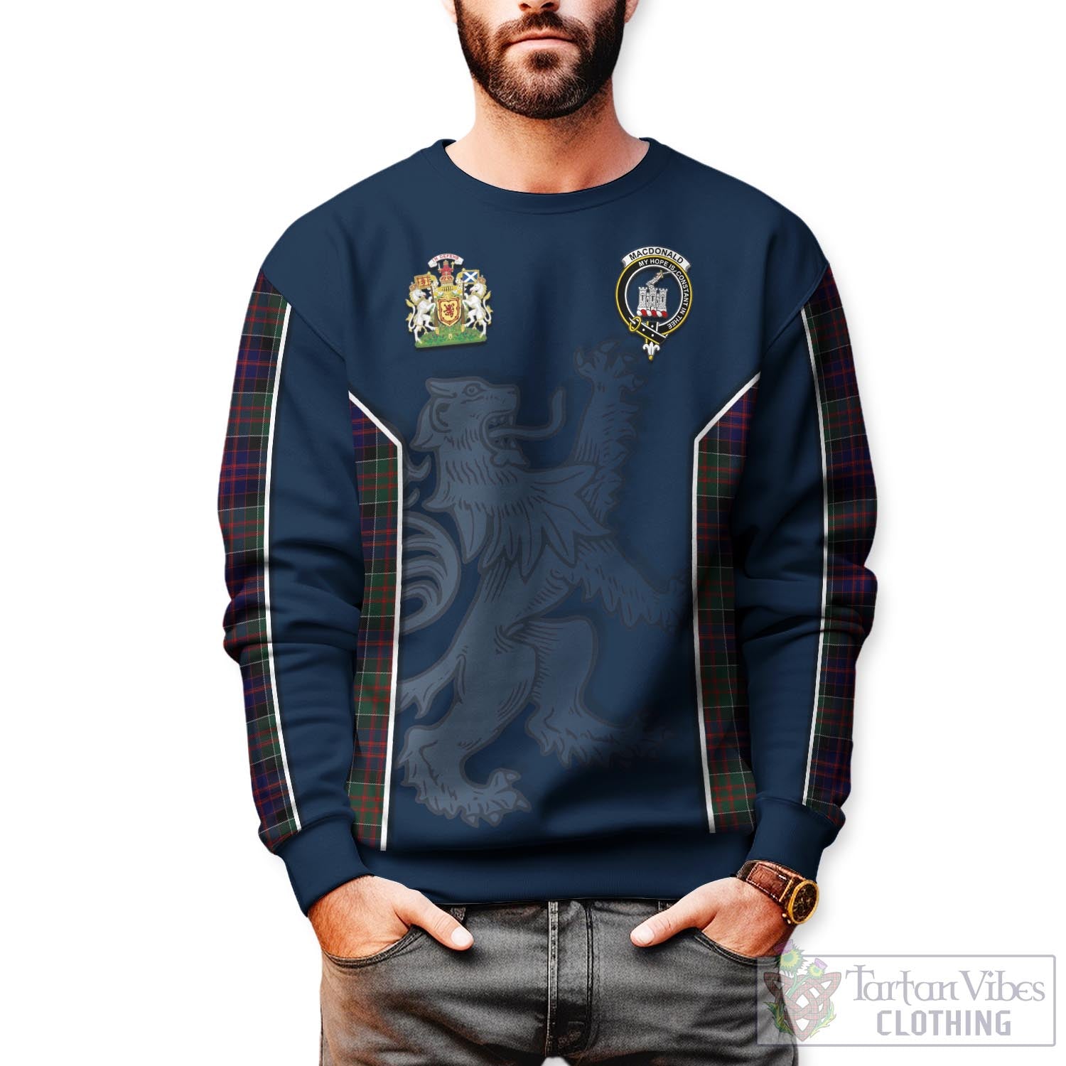 Tartan Vibes Clothing MacDonald of Clan Ranald Tartan Sweater with Family Crest and Lion Rampant Vibes Sport Style