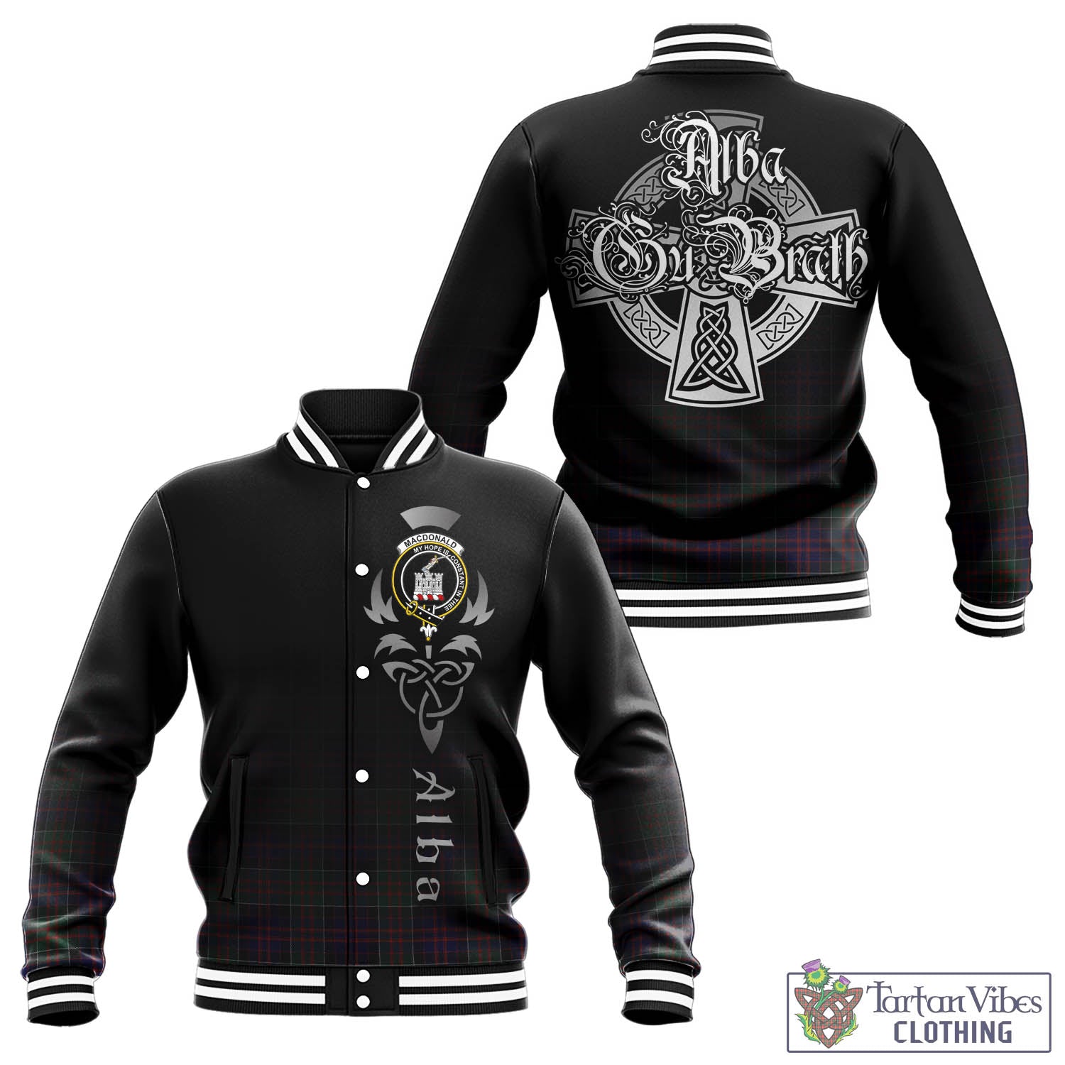 Tartan Vibes Clothing MacDonald of Clan Ranald Tartan Baseball Jacket Featuring Alba Gu Brath Family Crest Celtic Inspired