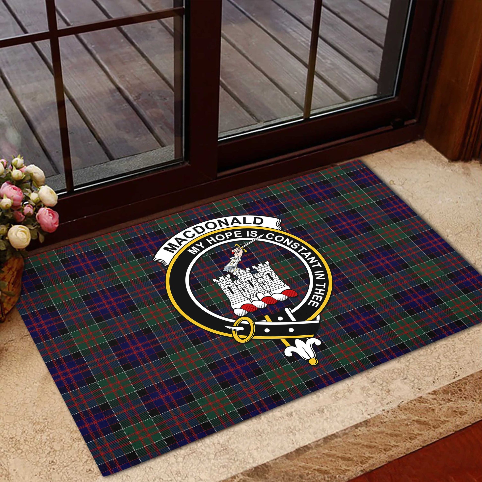 MacDonald of Clan Ranald Tartan Door Mat with Family Crest - Tartanvibesclothing