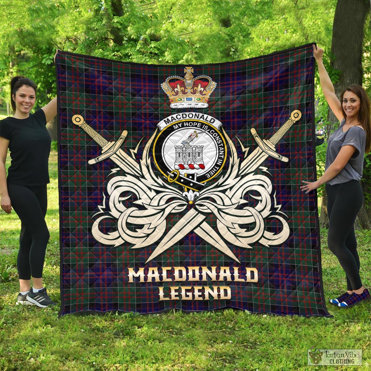 Tartan Vibes Clothing MacDonald of Clan Ranald Tartan Quilt with Clan Crest and the Golden Sword of Courageous Legacy