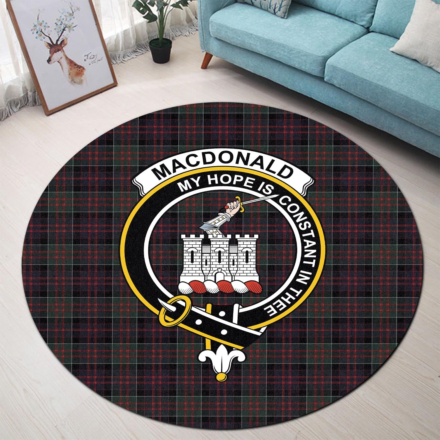 macdonald-of-clan-ranald-tartan-round-rug-with-family-crest