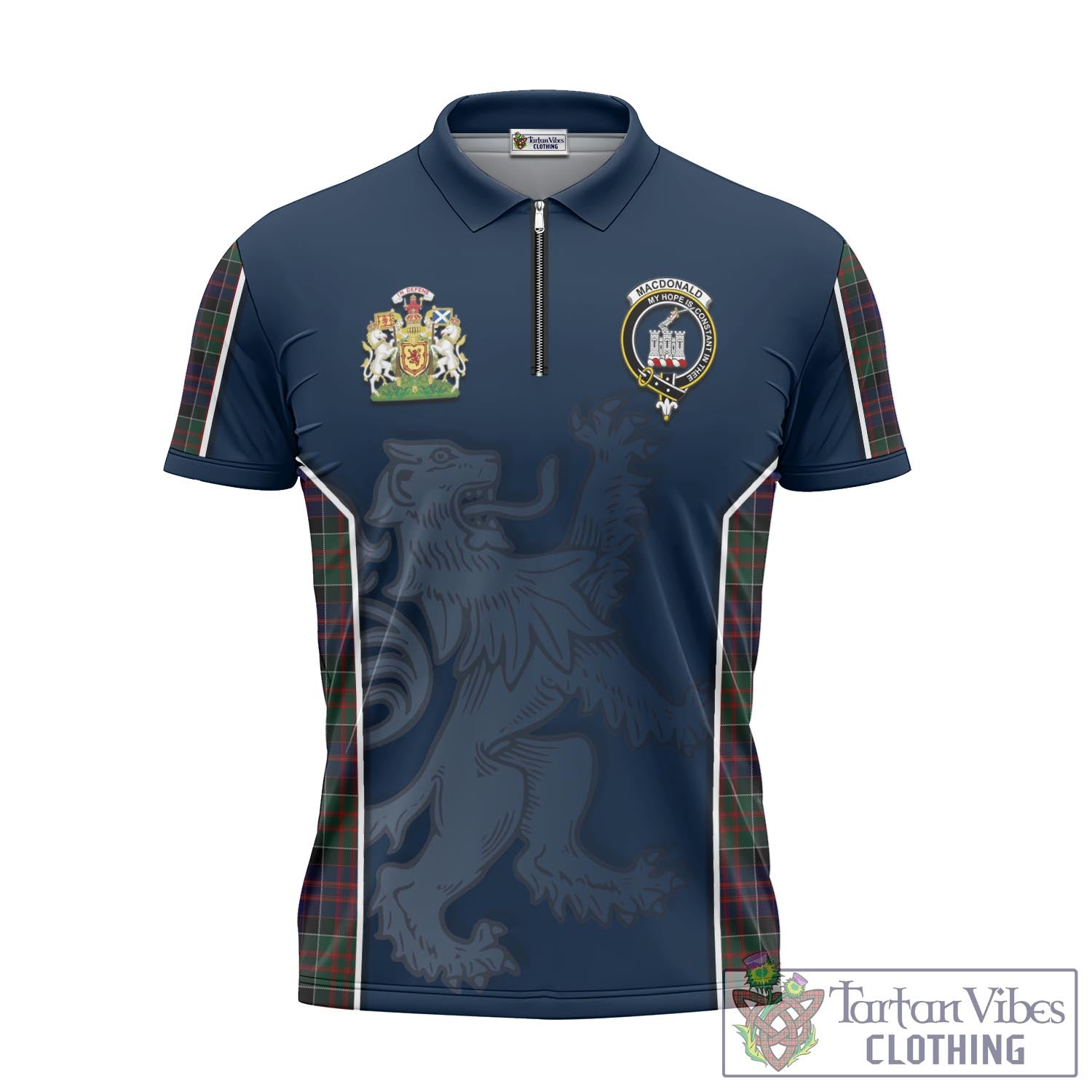 Tartan Vibes Clothing MacDonald of Clan Ranald Tartan Zipper Polo Shirt with Family Crest and Lion Rampant Vibes Sport Style