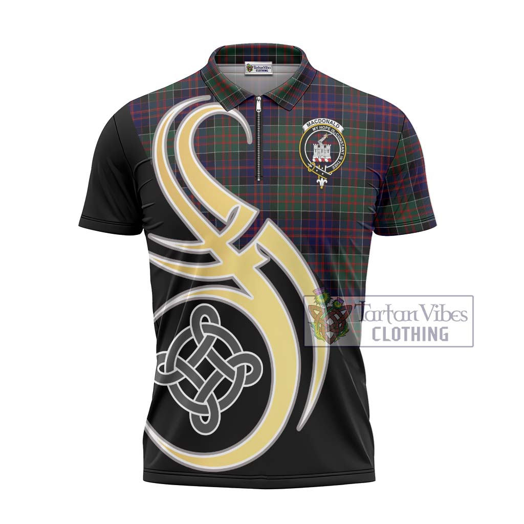 Tartan Vibes Clothing MacDonald of Clan Ranald Tartan Zipper Polo Shirt with Family Crest and Celtic Symbol Style