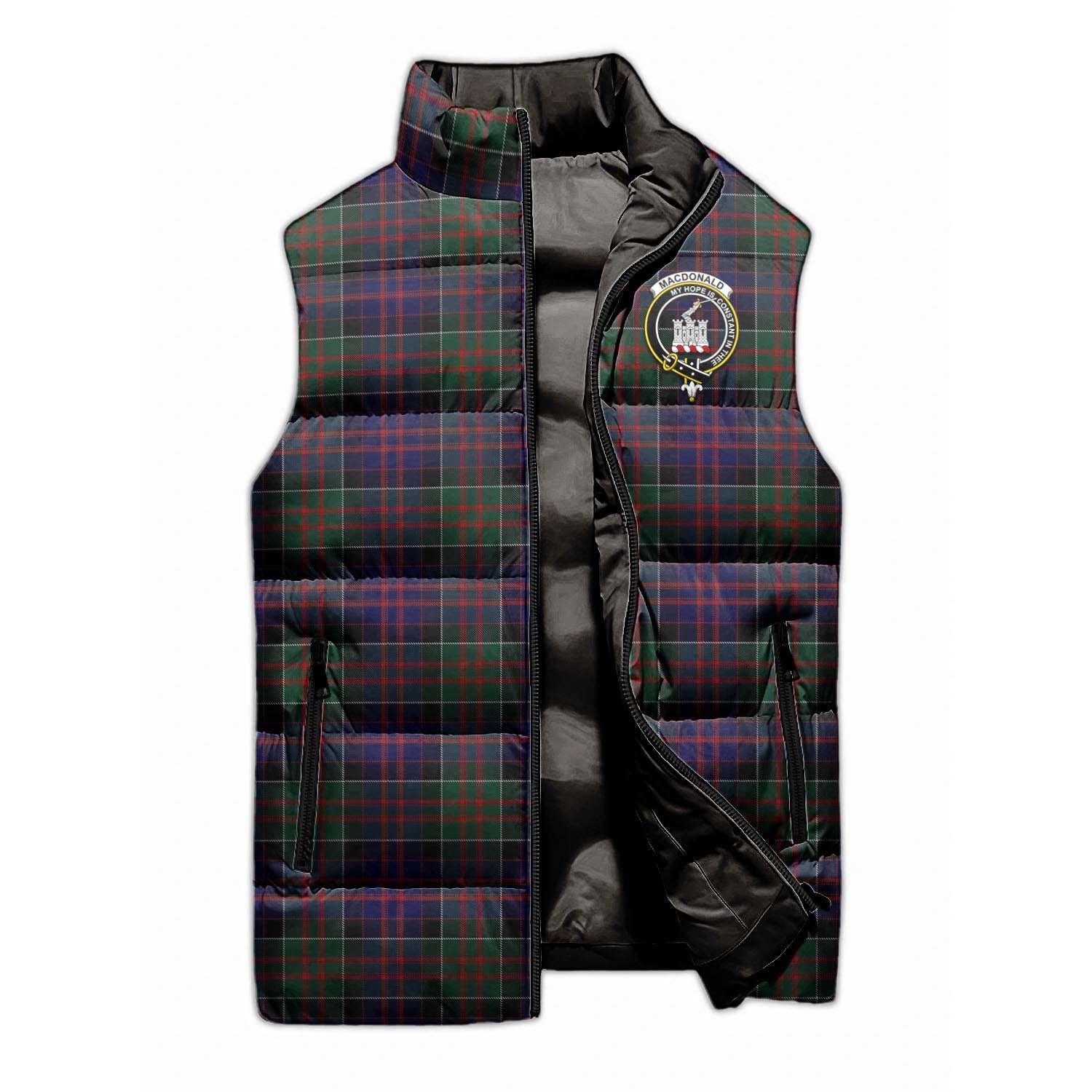 MacDonald of Clan Ranald Tartan Sleeveless Puffer Jacket with Family Crest - Tartanvibesclothing