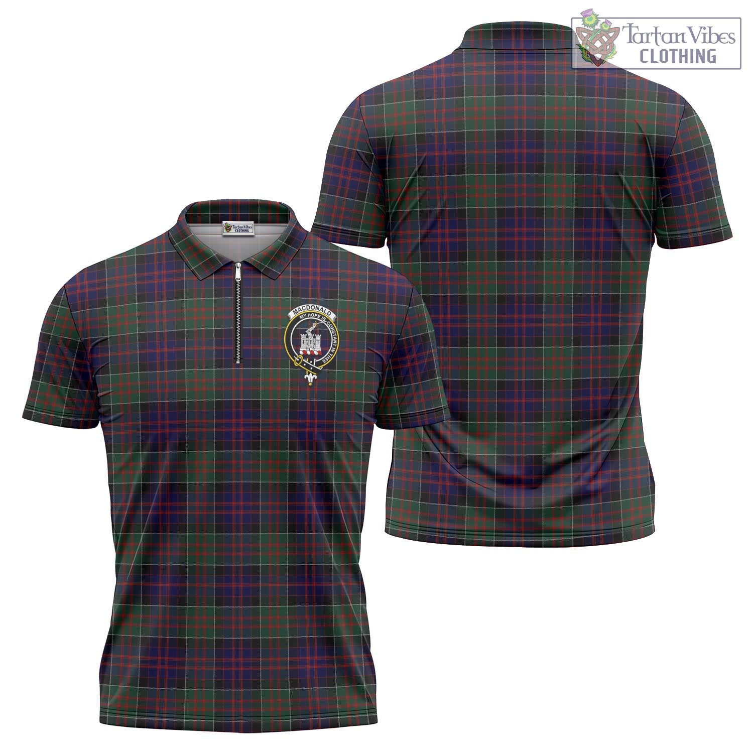 Tartan Vibes Clothing MacDonald of Clan Ranald Tartan Zipper Polo Shirt with Family Crest