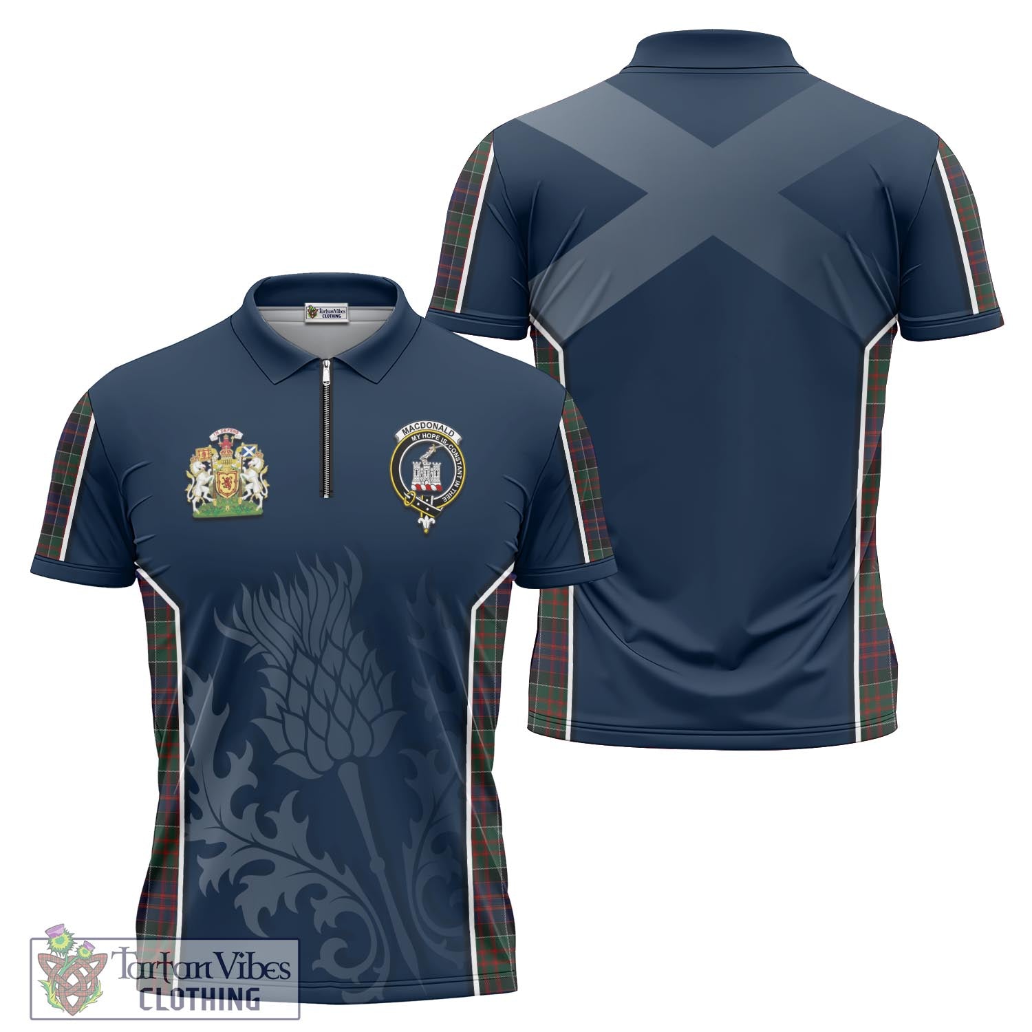 Tartan Vibes Clothing MacDonald of Clan Ranald Tartan Zipper Polo Shirt with Family Crest and Scottish Thistle Vibes Sport Style